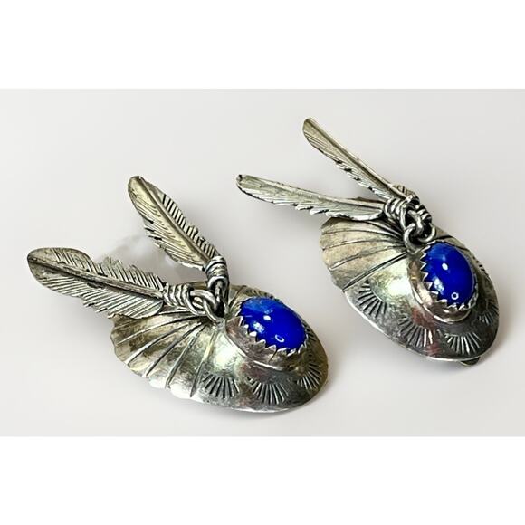 VTG Navajo Style Sterling Silver Feather Earrings w/ Blue Lapis Cabochon 9.6g - Picture 4 of 11